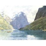 Alfred Heaton Cooper, lithographic coloured print, lake and mountains, signed in the print,