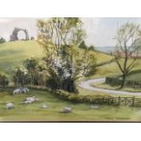 Irene Presswood, pen & watercolour, sheep grazing in landscape below ruin, titled to label verso