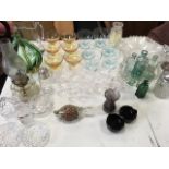 Miscellaneous glass including two sets of six coloured dessert dishes, a quart jug, an oil lamp, a