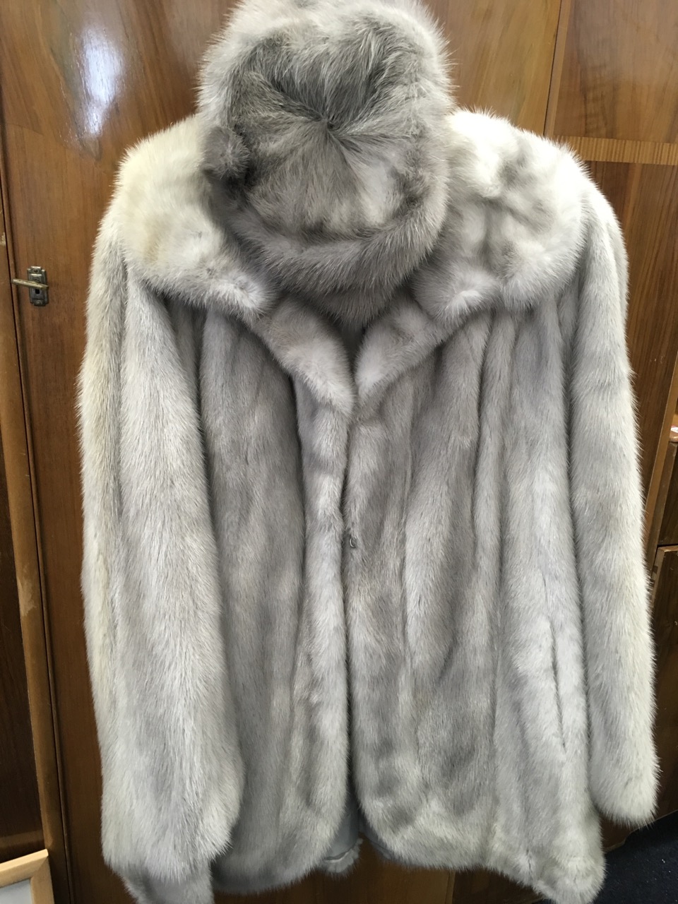 A grey fur coat with matching box hat, the lined jacket with Hong Kong Siberian Fur Store label. ( - Image 2 of 6