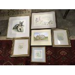 Six miscellaneous watercolours including a Daphne Harrison of a dog, Bamburgh, floral, etc. (6)