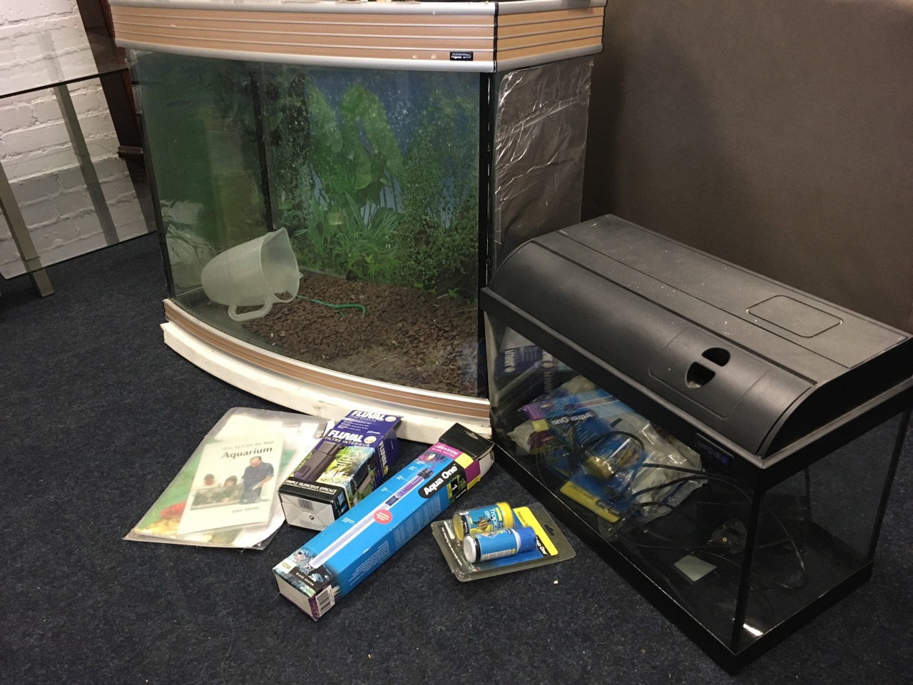 A bowfronted AquaOne glass aquarium complete with lights, heater, instruction manuals, etc; and a - Image 5 of 6