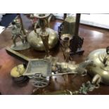 Miscellaneous brass including two Victorian kettles, two early ribbed candlesticks, an engraved