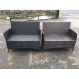 A pair of rectangular patio benches, the seats of woven style with arched aprons. (2)
