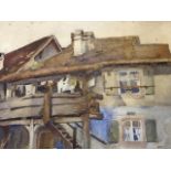 Lepstein, pencil & watercolour, study of an old house with wood stair, signed, mounted and