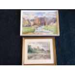 Edward H Simpson, watercolour, village river landscape, titled to verso Sinnnington North Yorks,