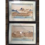 A pair of Edwardian Chinese carved wood waterscape pictures, the panels in cloth covered mounts