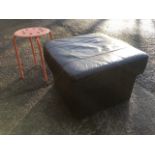 A square black faux leather pouffe with cushion seat; and a stool with tubular legs and pierced