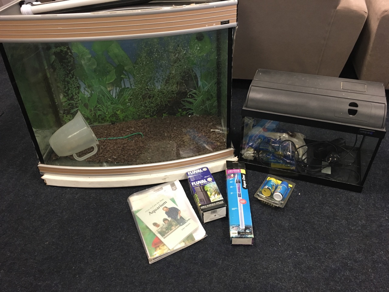 A bowfronted AquaOne glass aquarium complete with lights, heater, instruction manuals, etc; and a - Image 2 of 6