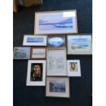 A quantity of prints, photographs and watercolours - some signed, seascapes, owls, etc. (10)