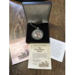 A boxed hallmarked silver reproduction hunter pocket watch, with albert chain and T-bar, complete