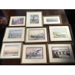 A set of three framed Peter Knox prints of Berwick, and another of Seahouses; and five other