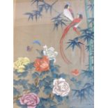 Chinese watercolour on silk, exotic birds, prunus blossom flowers, butterflies and foliage,