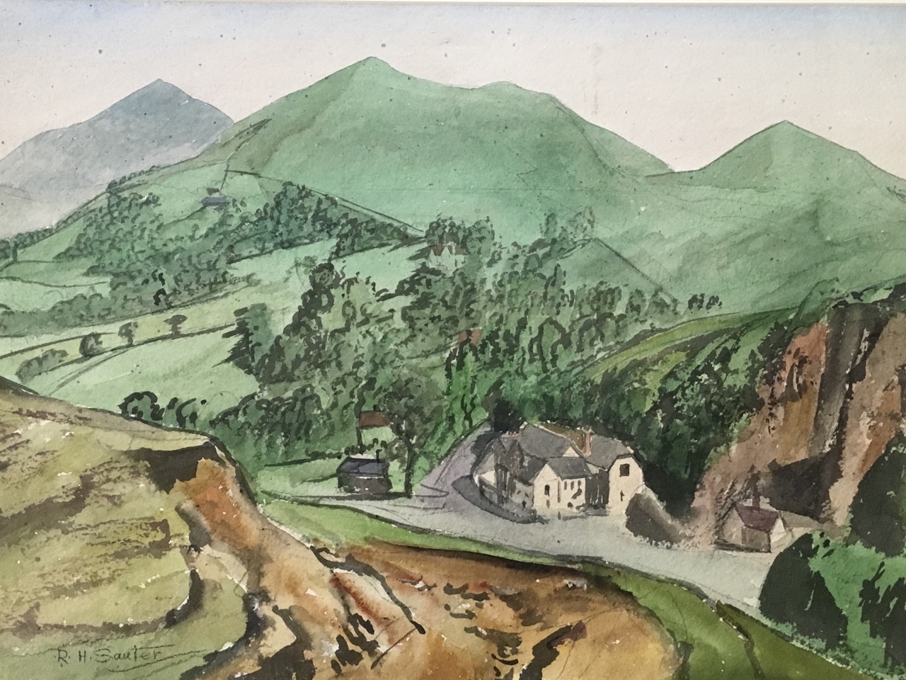 Rudolf Sauter, pencil & watercolour, landscape with village in hills, signed, mounted and framed. (