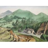 Rudolf Sauter, pencil & watercolour, landscape with village in hills, signed, mounted and framed. (