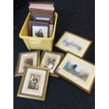 A box of miscellaneous framed prints - some signed, photographs, animals, a set of three floral, a