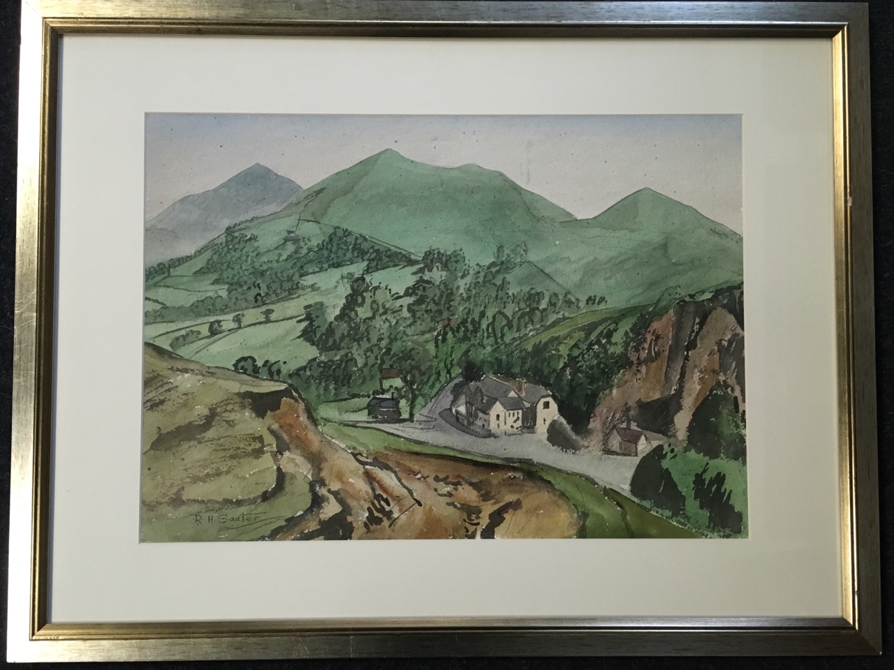 Rudolf Sauter, pencil & watercolour, landscape with village in hills, signed, mounted and framed. ( - Image 3 of 3