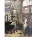 Herman Frederick Carel ten Kate, watercolour, interior scene with three figures discussing a