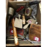 Miscellaneous tools including levels with brass mounts, mallets, shears, butterpats, an axe,