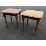 A pair of square pine tables with rounded tops on turned legs. (2)