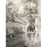 Monochrome watercolour heightened by white, watermill scene with figures, signed with monogram WP