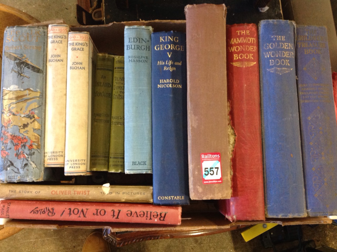 A box of books - John Buchan, childrens, Edinburgh, hobbies weekly from the 30s bound as one, Robert