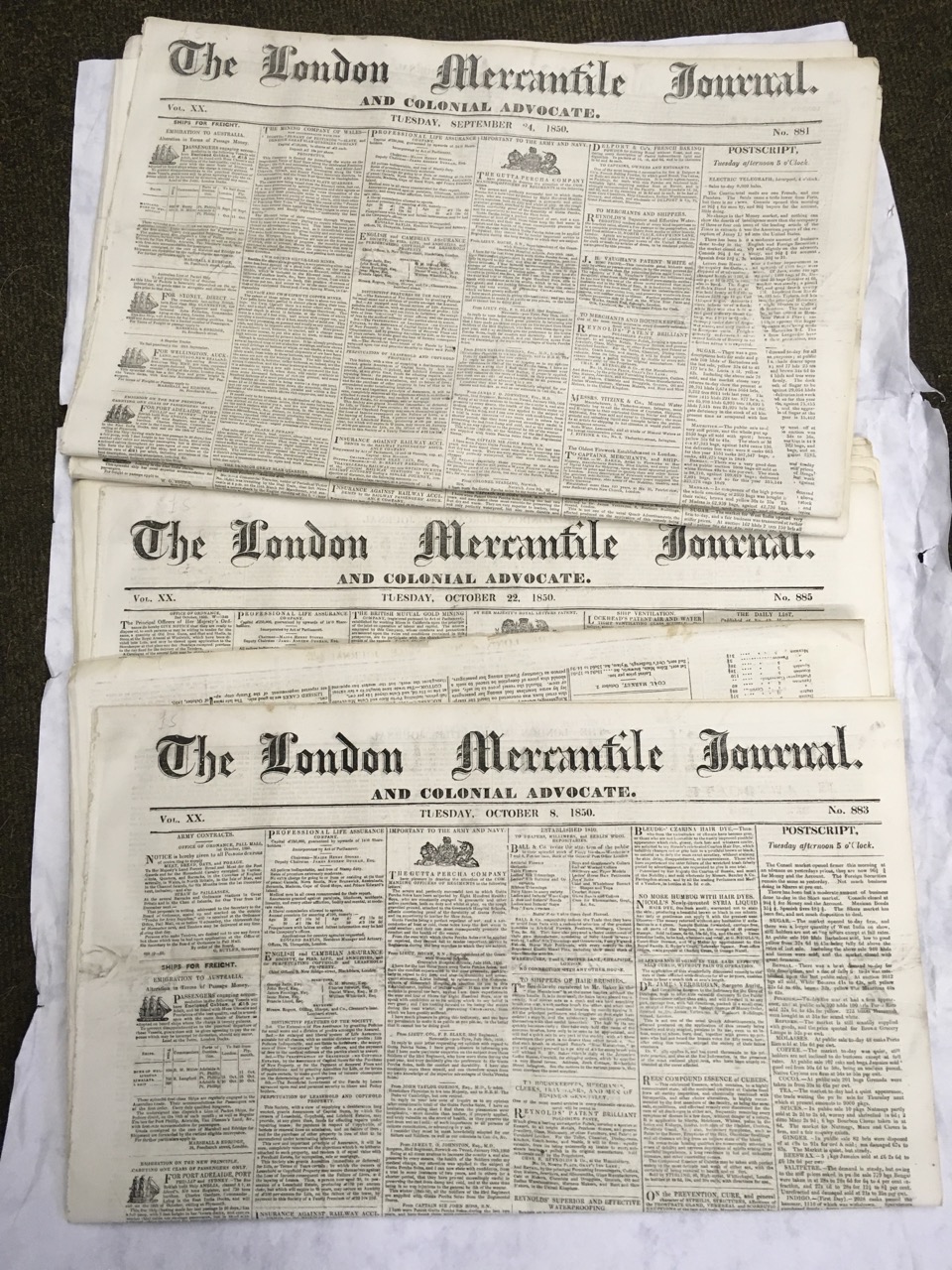 Seven editions of The London Mercantile Journal from September & October 1850. (7)