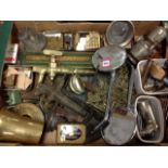 Miscellaneous items including brass taps, a carbide lamp, a bell, two model aeroplanes, two circular