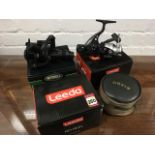 Two boxed Leeda RD spinning reels; a boxed Mitchell Avocet 4000 spinning reel; and a cased Orvis