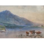 Nineteenth century English school, watercolour, cattle watering and boats in highland loch,