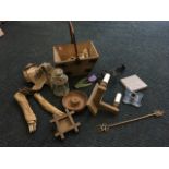 Miscellaneous items including a wood trug with swing handle, lamp wicks, a turned wood gavel bowl,