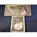 Three early nineteenth century gilt framed embroidered pictures on painted silk, with stumpwork