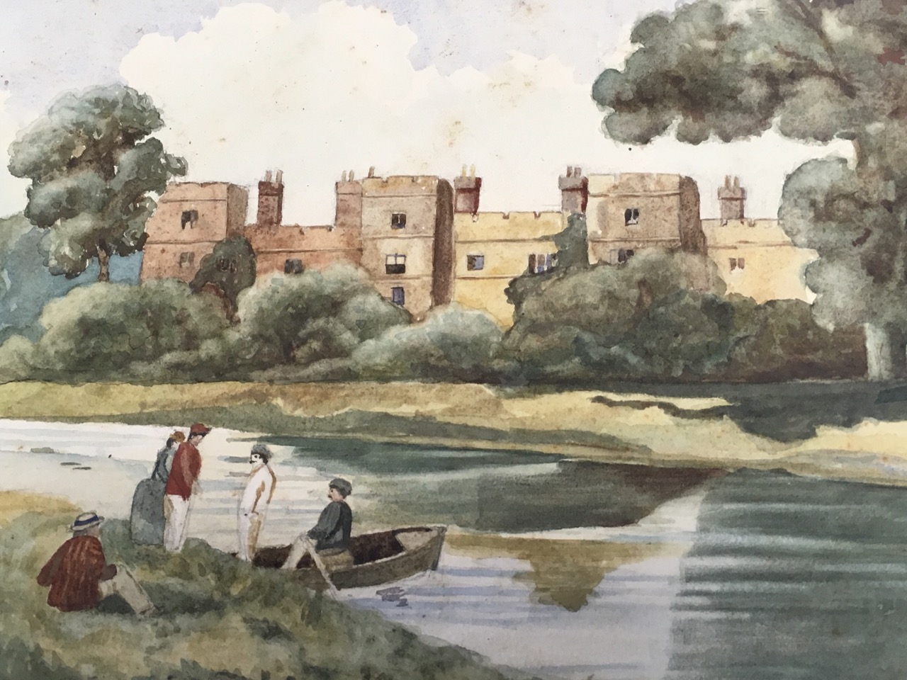 M Gauld, watercolour, river landscape with figures by water and country house on far bank, - Image 6 of 6