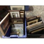 A box of framed pictures, some signed, old photographs of Beadnell, watercolours, a set of three