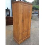 A scumbled wardrobe with moulded cornice above a panelled door enclosing hanging space, with