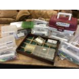 Miscellaneous fishing pieces including fly & bait boxes, a landing net handle, a partitioned tray