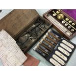 An oak case set of ancient scales and weights, with 1860 hand written notes/calculations of powder