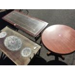 Three coffee tables - circular on turned column, rectangular with leather top on lyre supports,