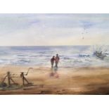 Brian J Turnbull, watercolour, figures on beach with rowing boat, signed and dated, mounted and gilt