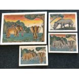 Mamaddu Faye, four African sand canvases of elephants and a rhino. (4)