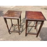 Two square oak lamp tables with moulded tops, one with baluster turned legs, the other with fluted