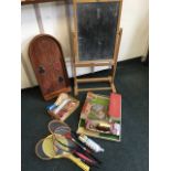 A Jaques of London mahogany bagatelle board; a childs blackboard on easel stand; two farm sets on