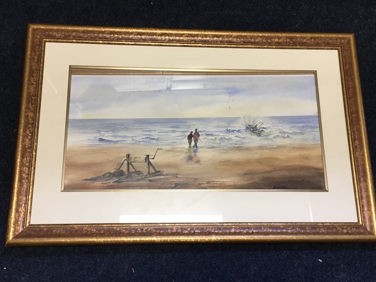 Brian J Turnbull, watercolour, figures on beach with rowing boat, signed and dated, mounted and gilt - Bild 3 aus 3