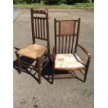 A beech Liberty nursing chair with cane back above slats and upholstered seat, raised on turned