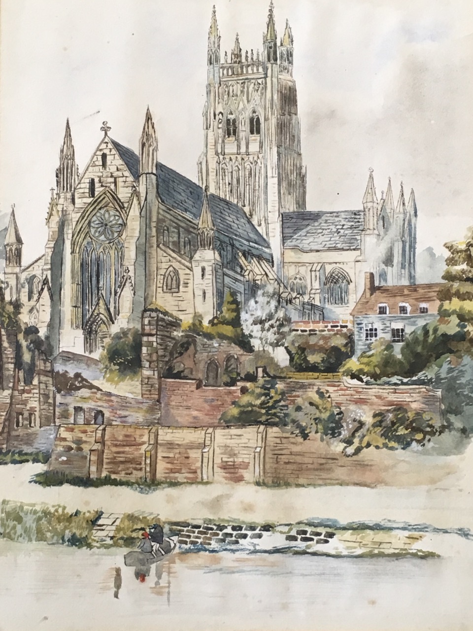 Pencil & watercolour, study of a church by river with figures in boat, mounted & oak framed; and a - Bild 3 aus 3