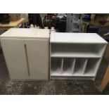 A white painted cupboard with two doors; and an open sided laminated cabinet. (2)