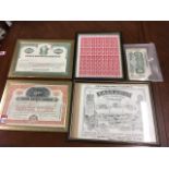 A collection of paper money - over 60 notes; a framed plate of 100 German Hitler stamps; two