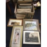 A box of pictures including a watercolour of Durham, prints, a papyrus painting, a pair of landscape