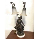 A bronze style tablelight modelled as a peasant girl at the well with pitcher, beneath a pair of