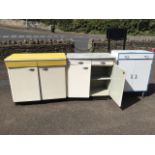 Three 60s formica kitchen cabinets with frieze drawers above cupboards, mounted with chrome